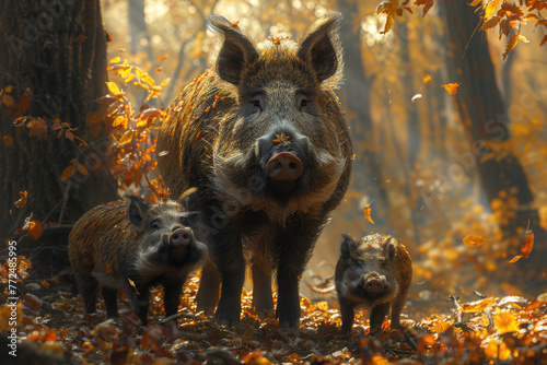 In the depths of the forest, a heartwarming scene unfolds as a wild boar family, including their adorable baby, forages amidst the trees. © Evgeniia