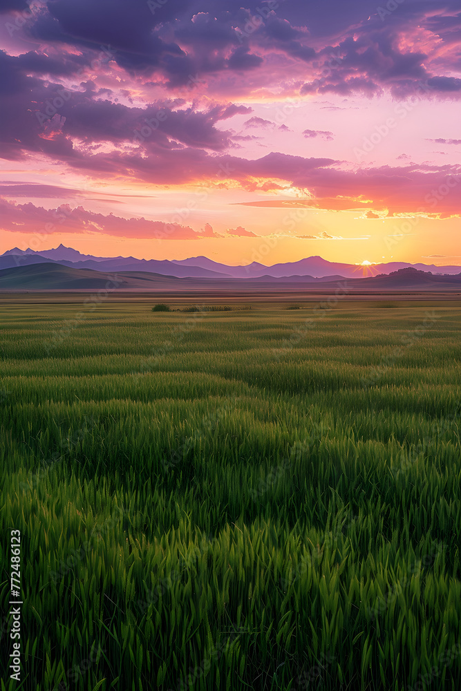 Serene and Majestic: A Scenic View of the Kazakh Countryside Amidst a Setting Sun