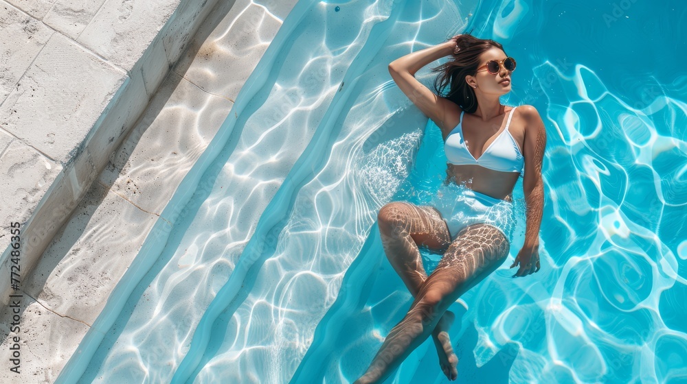 Woman relaxing in a pool. Aerial summer lifestyle shot with clear blue water. Leisure and travel concept.
