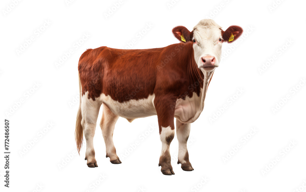 A brown and white cow confidently stands in front of a pure white background