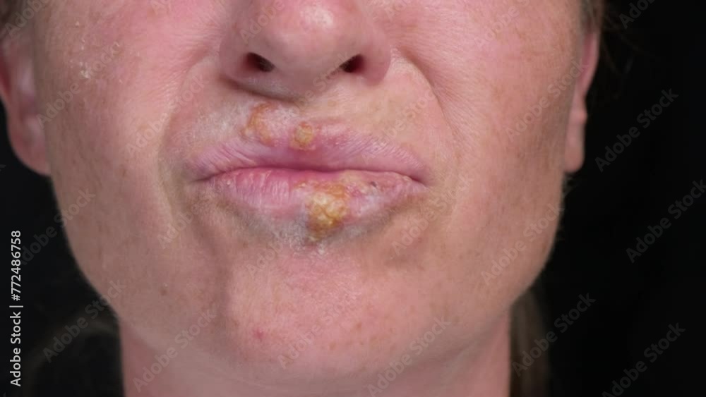 Herpes simplex on lips of woman close-up. Herpes simplex on lips of woman close-up.