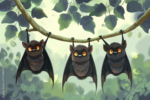 Funny bats hanging from the branch of a tree.