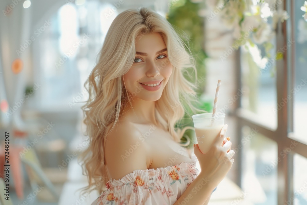 Charming cafe scene with a beautiful blonde holding a drink featuring a paper straw, embodying eco-conscious dining.
Charming cafe scene with a beautiful blonde holding a drink featuring a paper straw, embodying eco-conscious dining.
