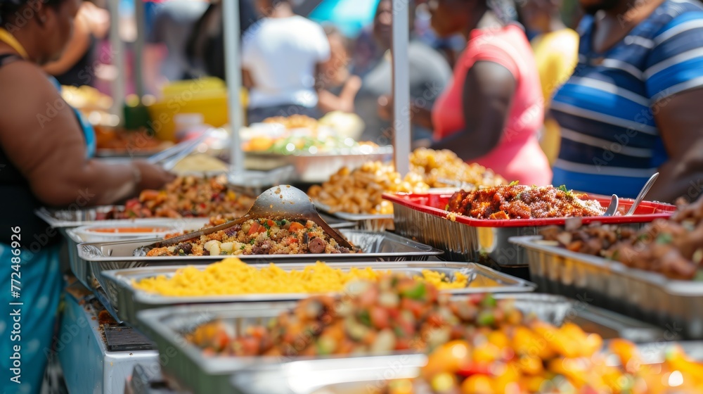Assorted food in serving trays at an outdoor market. Close-up shot with shallow depth of field.