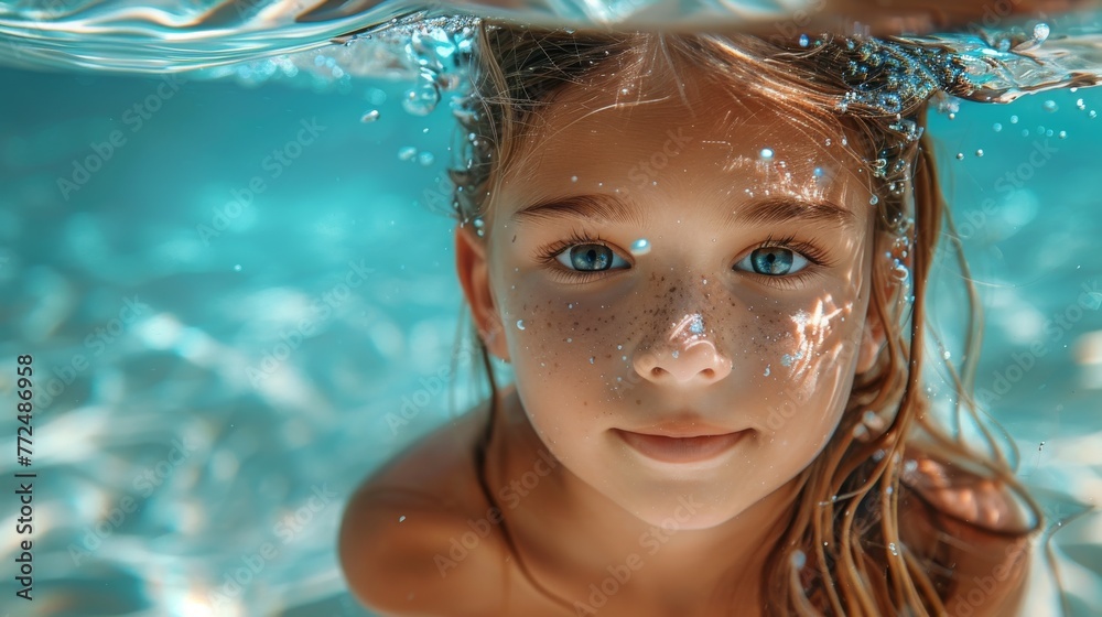 Young Girl Swimming Underwater in Pool