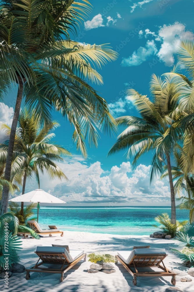 Fototapeta premium Relaxing beach scene with two lounge chairs under palm trees. Perfect for travel and vacation concepts