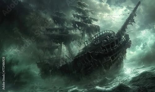 A skeletal pirate ship confronts the fury of the storm. 