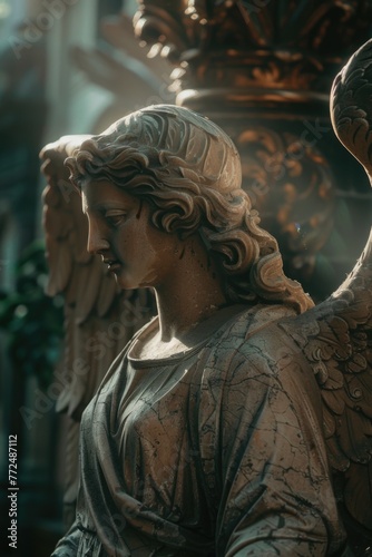 Detailed shot of an angel statue. Suitable for religious themes