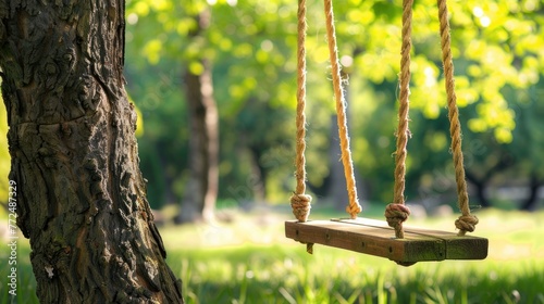 Wooden swing hanging from a tree in a park. Suitable for outdoor recreation concepts.