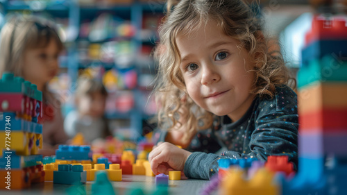 Young girl playing with colorful blocks.