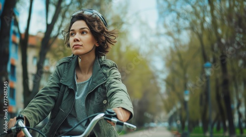 Female cyclist enjoying a ride in an urban park setting. Outdoor lifestyle and active transportation concept. photo