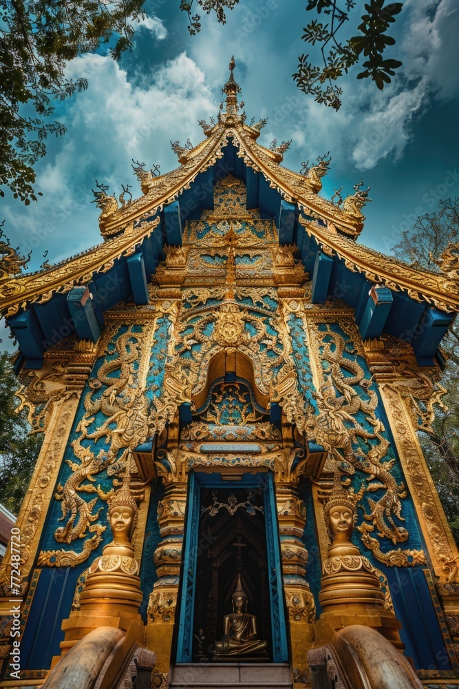 Naklejka premium A striking blue and gold building against a clear blue sky. Ideal for architectural designs