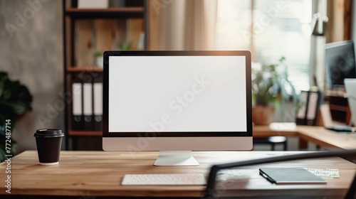 desk with blank frame mockup