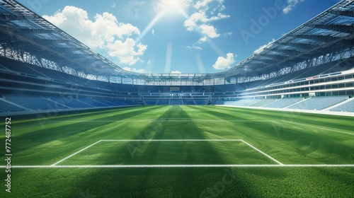 Soccer or football field in a large stadium captured in a wide-angle drone shot  with a beautiful clear sky