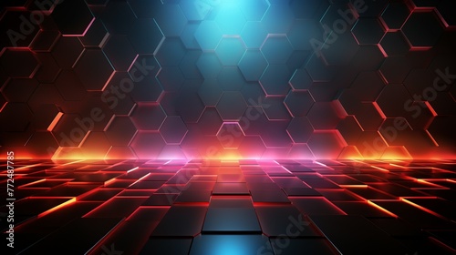Colorful beam , hexagon effect, wallpaper background , cyberpunk light gold and red neon Generate AI photo