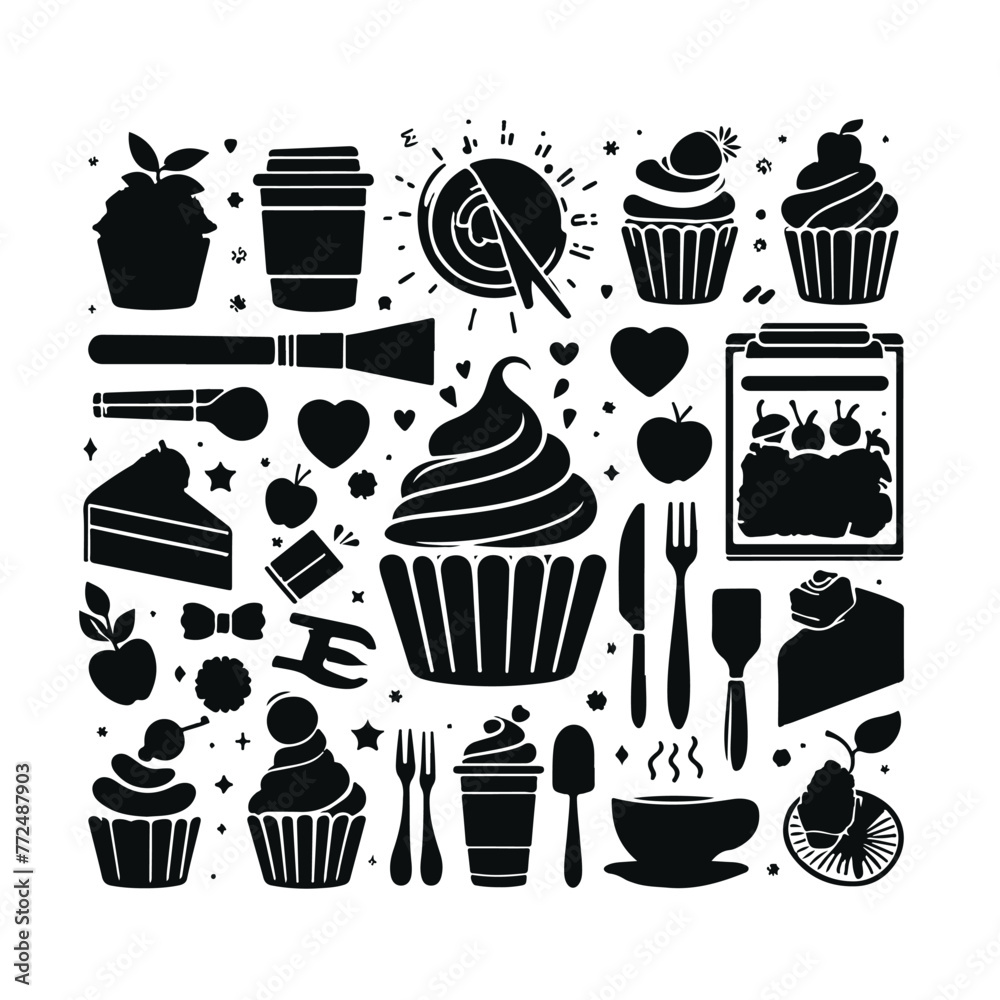 Set of black cupcakes, muffin logo. Vector illustrations are isolated on a white background.