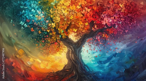 Vibrant painting of a tree with colorful leaves  perfect for nature-themed designs