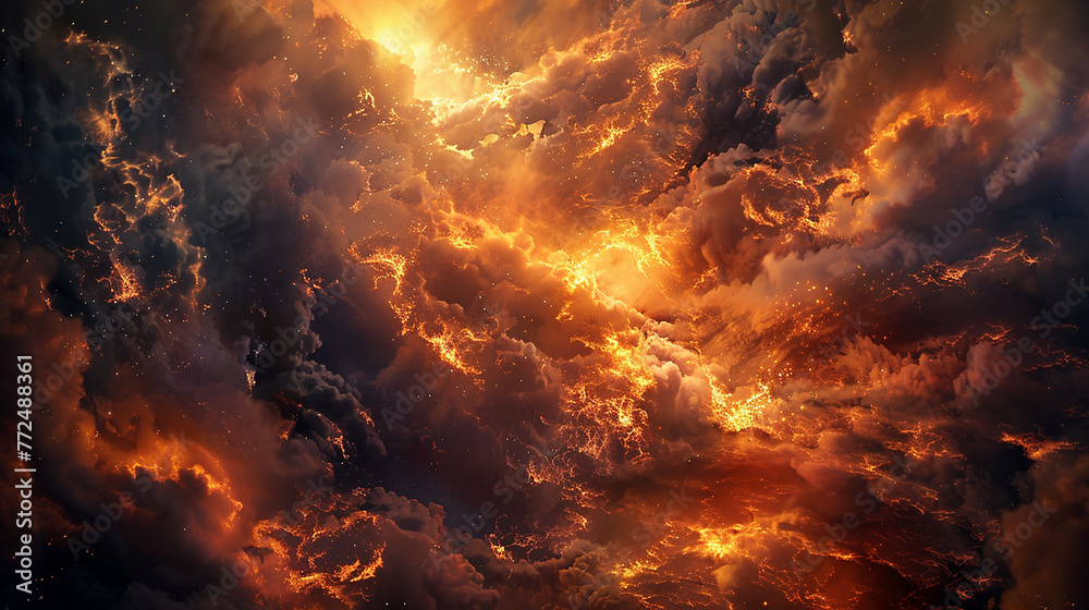 Fiery inferno unleashed with a burst of energy, sending plumes of thick black smoke spiraling into the air, depicted with stunning realism.