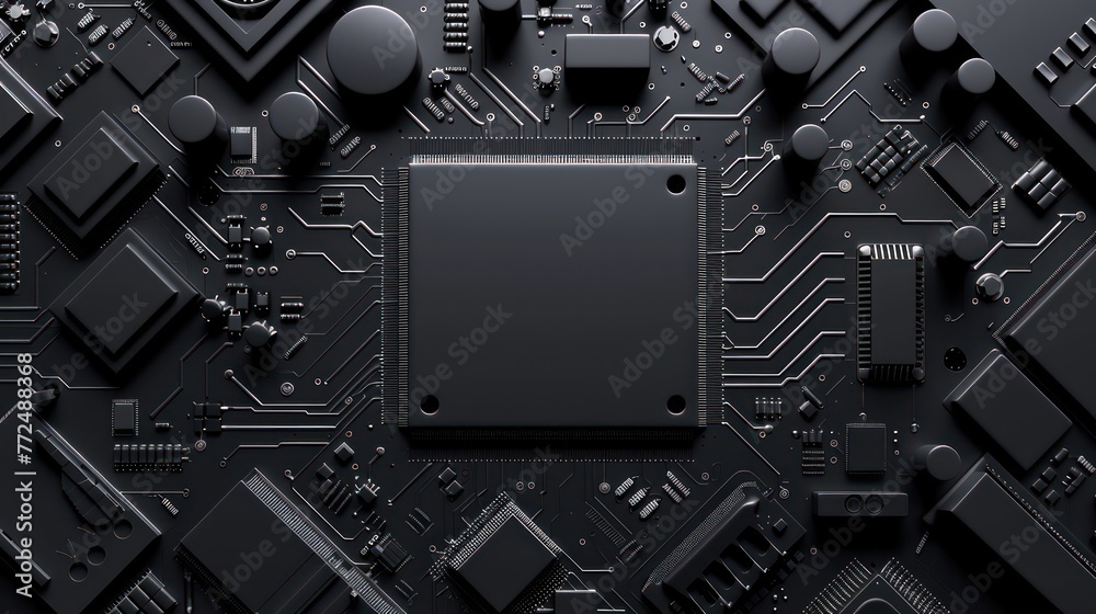 Fototapeta premium Matte black computer chip and circuit board background, realistically portrayed.