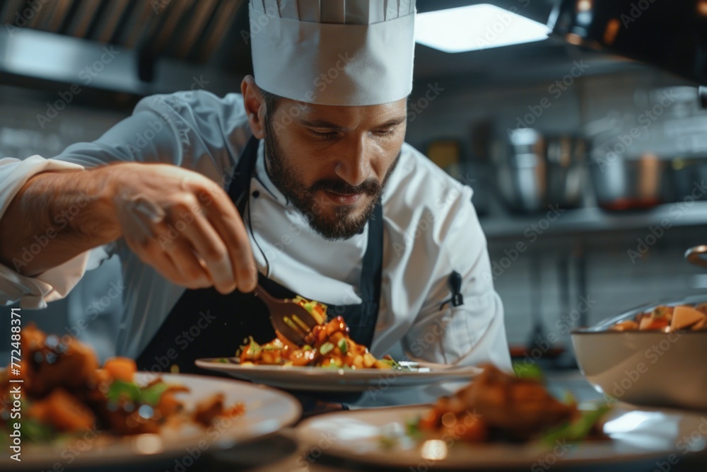 A man in a chef's hat preparing food. Suitable for culinary concepts A man in a chef's hat preparing food. Suitable for culinary concepts