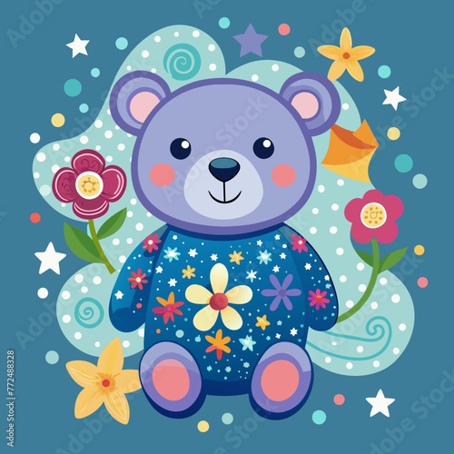 cute teddy bear with flowers stars and waves pat 