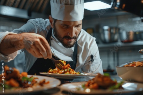 A man in a chef's hat preparing food. Suitable for culinary concepts
