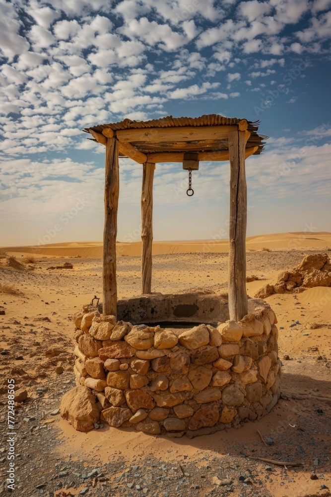 A well in the middle of a vast desert landscape. Suitable for travel brochures