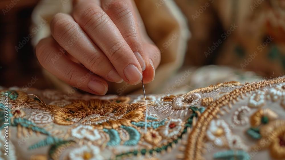 Close-up of hand embroidering fabric - obrazy, fototapety, plakaty 