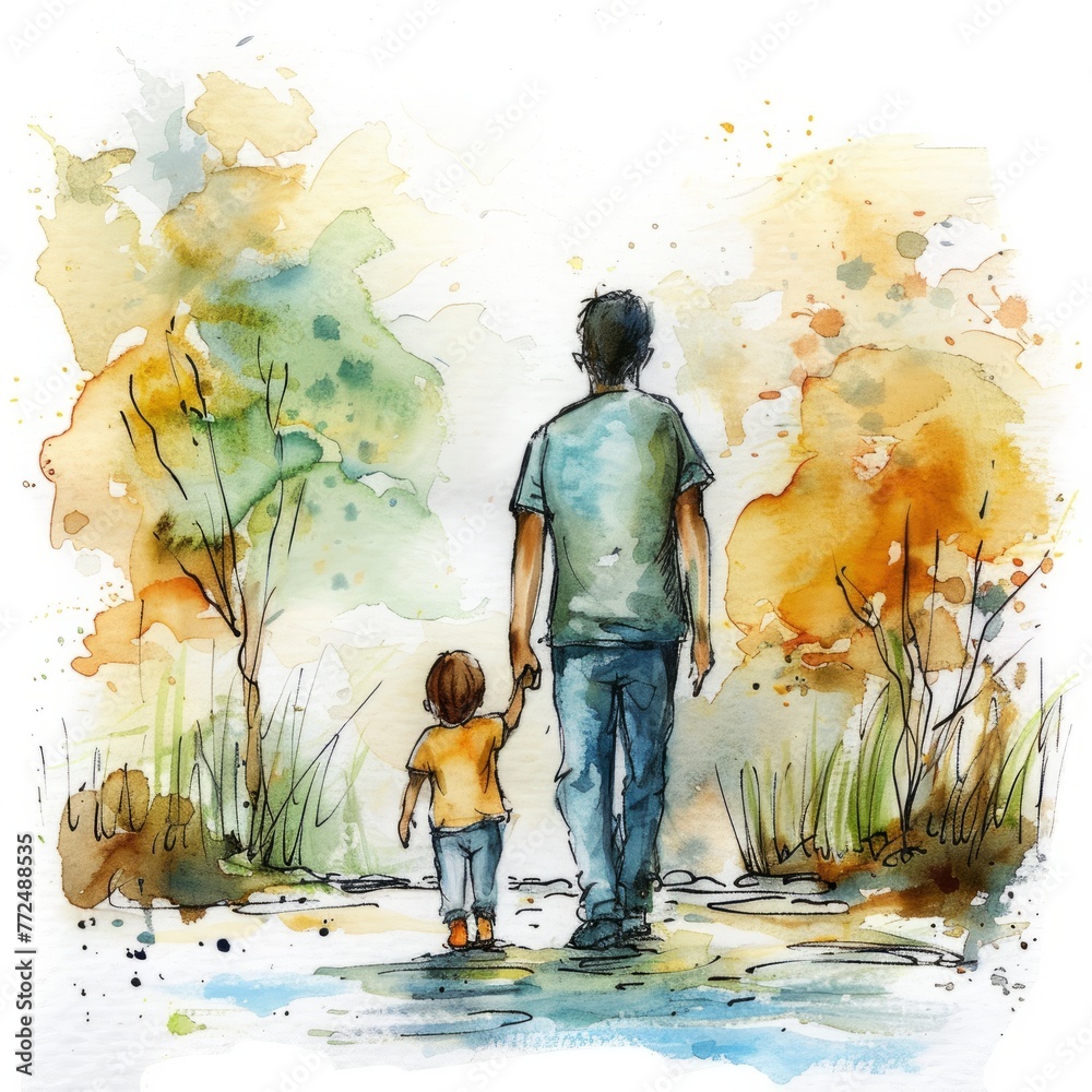 Fototapeta premium watercolor drawing of a father and son , father day design concept