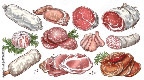 Assorted meats displayed on a table, suitable for food and cooking concepts