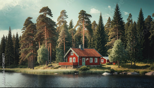 Traditional Scandinavian summer house by the lakeside surrounded by a pine tree forest. Stuga, hytte, mökki, sumarhús, sommerhus. Generative AI photo