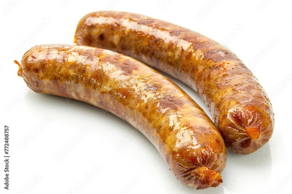 Two cooked sausages on a white surface, perfect for food concepts Two cooked sausages on a white surface, perfect for food concepts
