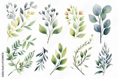 set of watercolor floral green leaves illustration