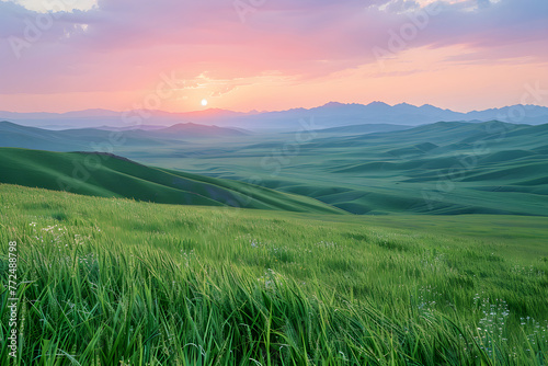Serene and Majestic: A Scenic View of the Kazakh Countryside Amidst a Setting Sun