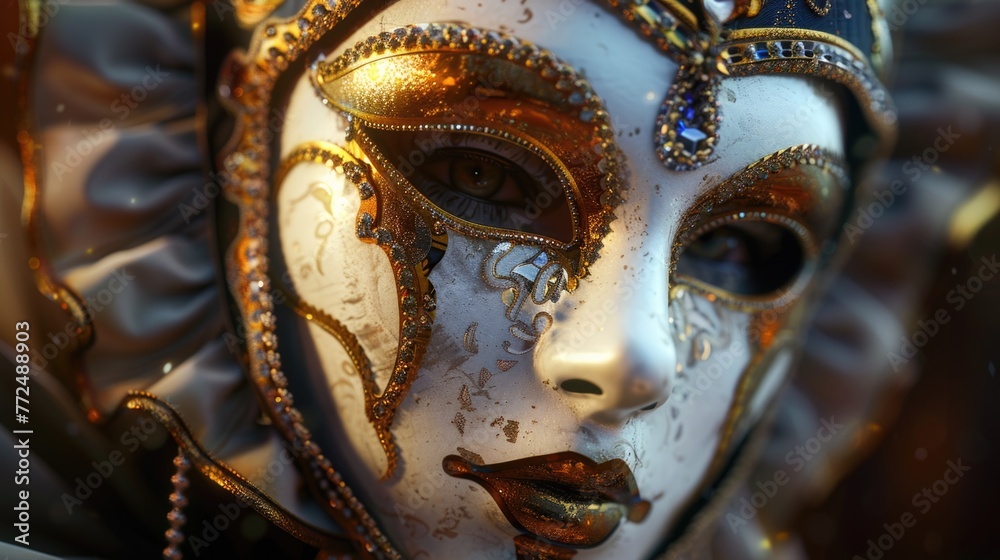 Detailed view of a white mask with intricate gold decorations, perfect for masquerade themes