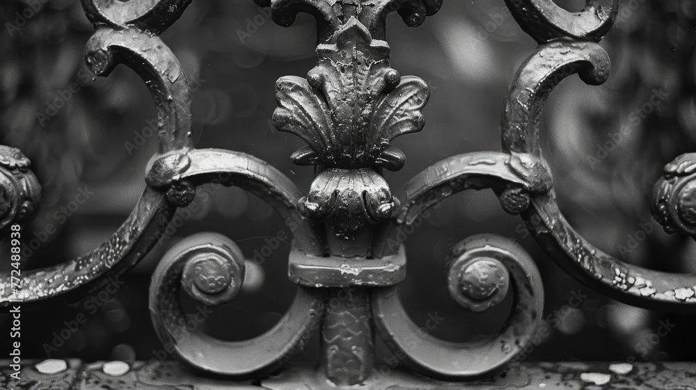 Ornate iron gate detail in black and white - obrazy, fototapety, plakaty 