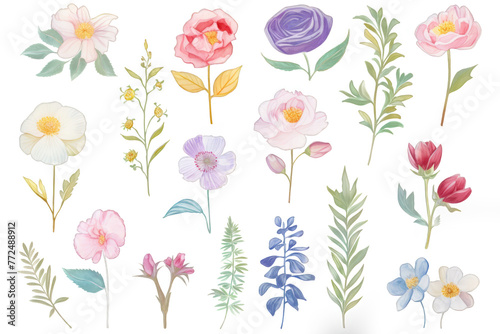 set of watercolor flowers isolated on black background