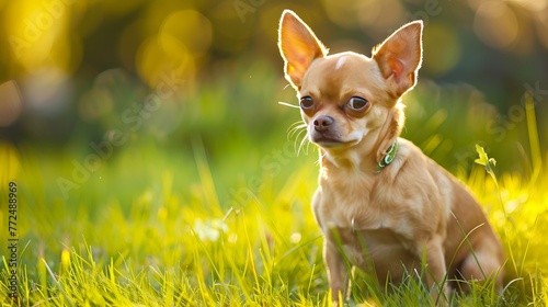 A small Chihuahua is attempting to relieve himself on a lawn with lush greenery. © xelilinatiq