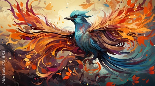 Large phoenix bird, long and fiery tail, colorful rainbow Generate AI © VinaAmeliaGRPHIC