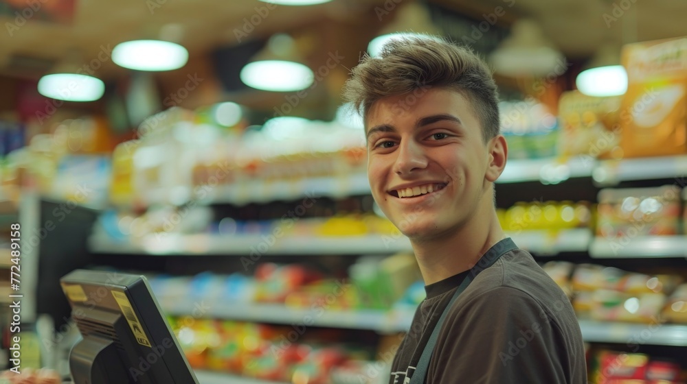 A man smiling while holding a cash register, suitable for business concepts A man smiling while holding a cash register, suitable for business concepts