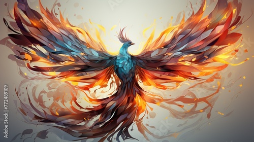 Large phoenix bird, long and fiery tail, colorful rainbow Generate AI