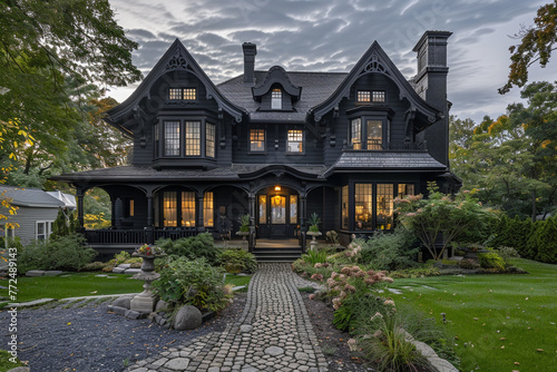 Elegant Dark Grey Luxury Home with a Lush Front Yard and a Cobblestone Walkway to an Ornate Porch Entrance © Creative artist1