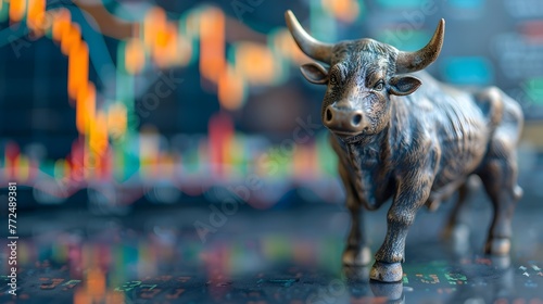Miniature Bull Figurine Stands Before Financial Chart Symbolizing Market Optimism and Potential Amidst Fluctuations