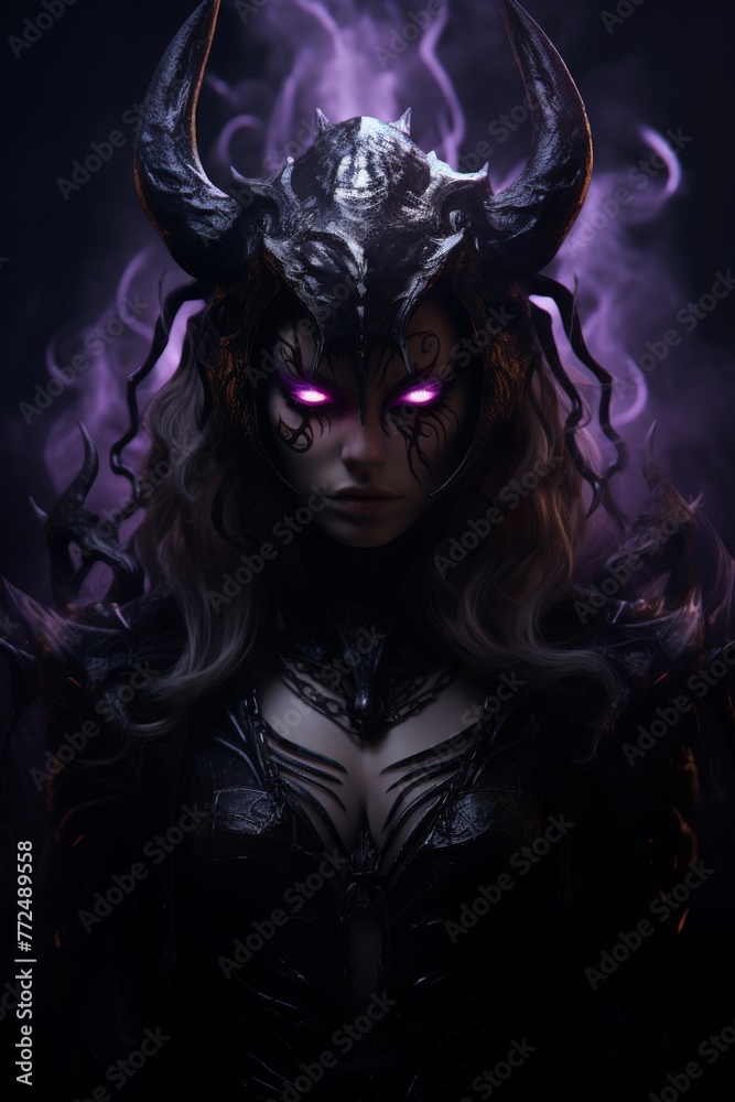 the devil girl with bleeding purple eyes and long hair and black wings and black dress with horror expressions and bleeding purple eyes