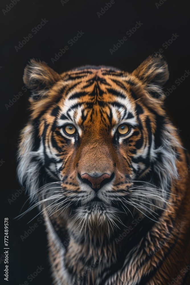 Close up of a tiger's face on a black background. Perfect for wildlife or animal-themed designs Close up of a tiger's face on a black background. Perfect for wildlife or animal-themed designs