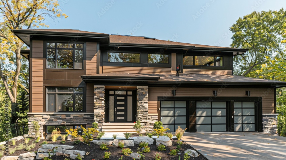 Luxurious new construction home with a contemporary design, wrapped in rich chocolate brown siding and complemented by natural stone wall trim, without a garage for a streamlined profile.