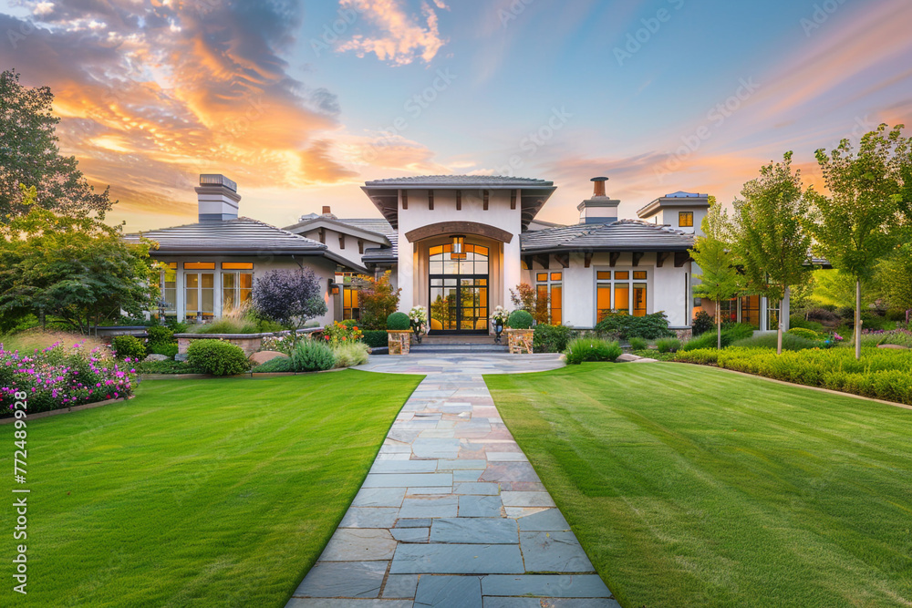 Majestic newly built residence with a lush lawn, stone walkway, leading to an opulent front porch and doorway, captured in morning light.
