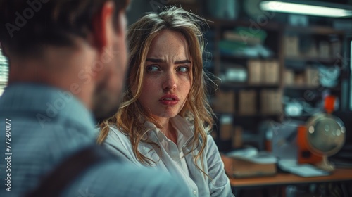 Concerned Woman in Tense Office Encounter. A young woman appears worried during a serious conversation with a male colleague in a cluttered office.  © roongtiwa