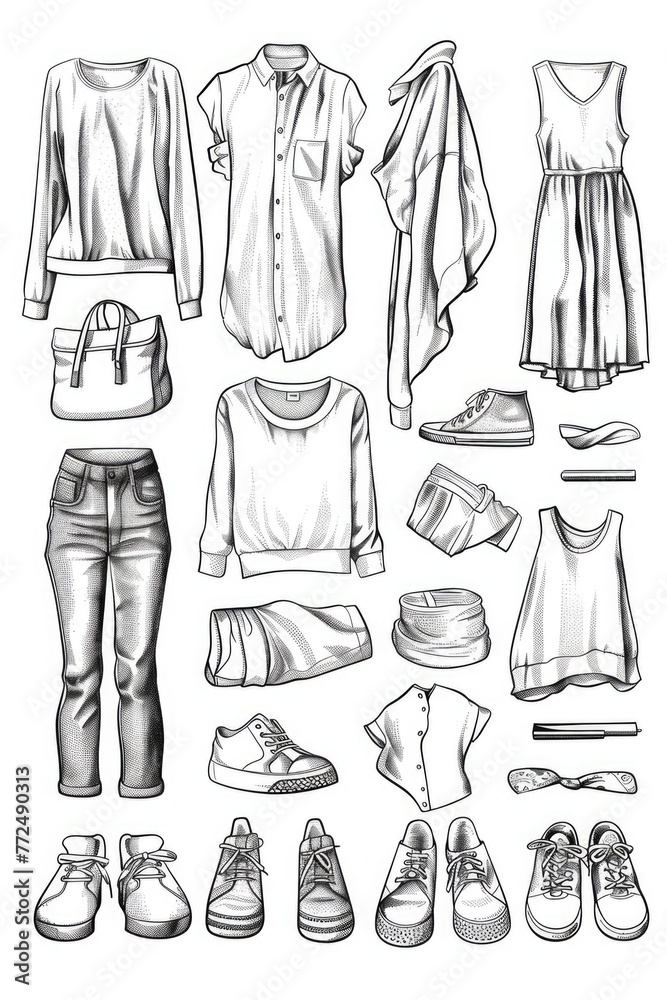 A diverse assortment of clothing and footwear. Ideal for fashion or retail concepts A diverse assortment of clothing and footwear. Ideal for fashion or retail concepts