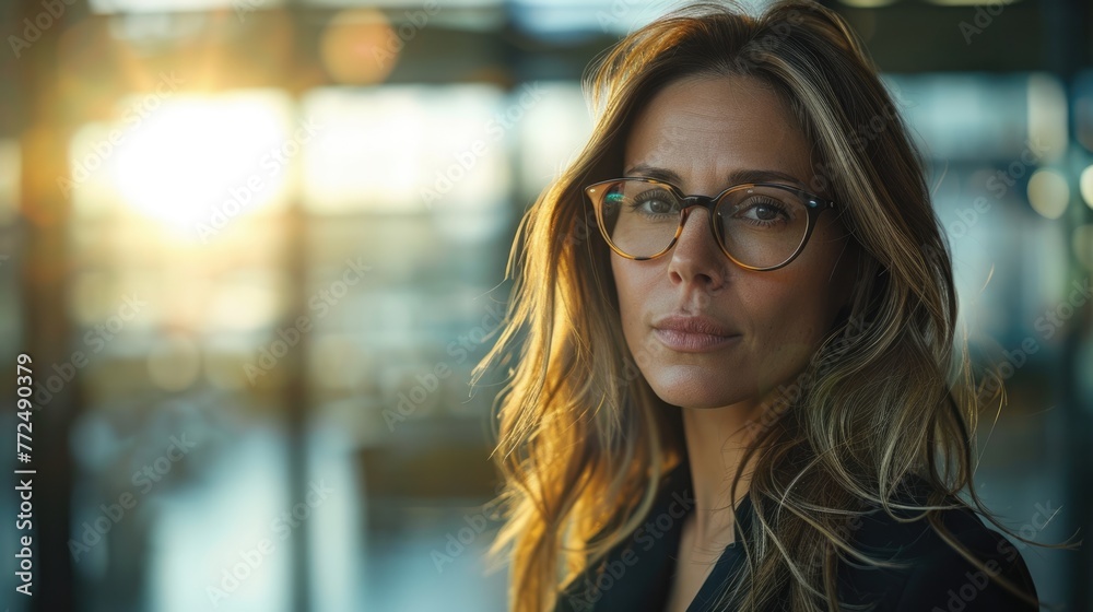 middle aged businesswoman in the morning with bokeh light in the morning. middle aged businesswoman in the morning with bokeh light in the morning.